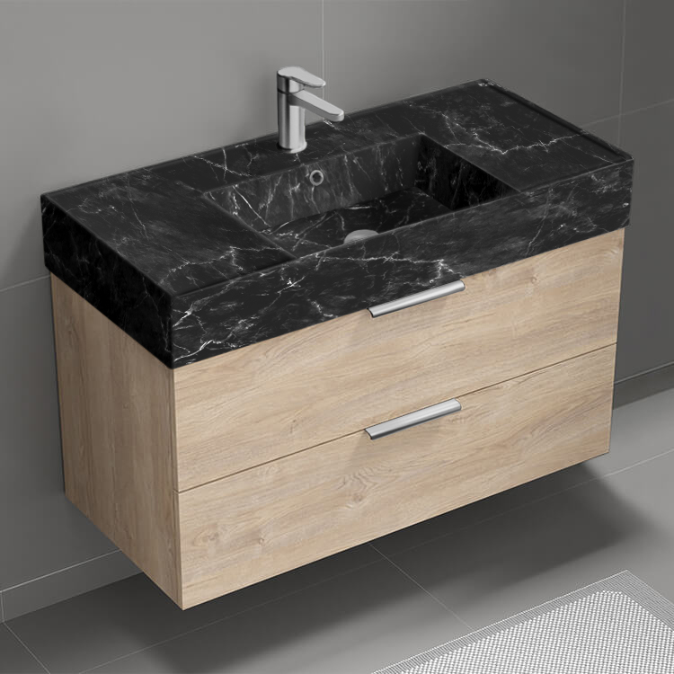 Nameeks DERIN914 Modern Bathroom Vanity With Black Marble Design Sink, 40 Inch, Wall Mounted, Brown Oak